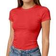 thumbnail image 2 of Womens Short Sleeve T Shirts - Summer Tops Slim Fit Y2k Basic Tee for Workout Red S, 2 of 7