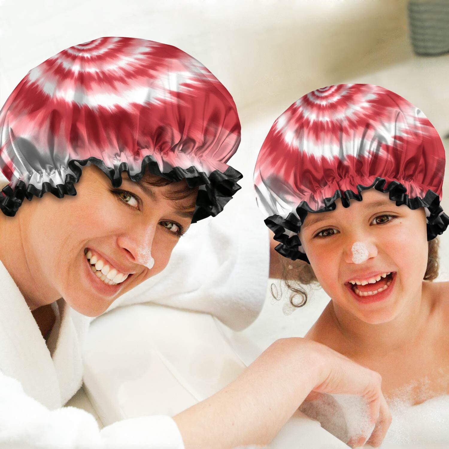 Shower Caps,Red White Tie Dye Spiral Pattern Waterproof Shower Cap for Women 4 Pieces,Double Reusable Hair Cover for Shower PEVA Elastic Stretch Hem