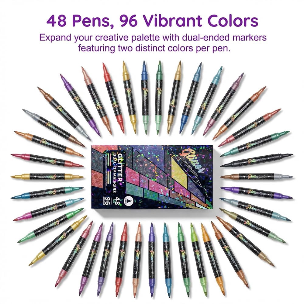 24/48/72/96 Colors Glitter Effect Brush Markers, 2026 New Glitter Dual Tip Markers, Professional Glitter Paint Pens Set for Adult Coloring Books, Journals, Card Making & DIY Crafts - 48 COLORS