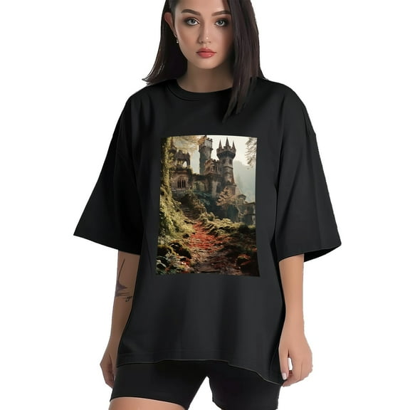 Plus Size Shirt for Women Black Tops for Women Short Sleeves Shirt for Women Castle (48） T Shirt Crewneck Shirt for Women XS
