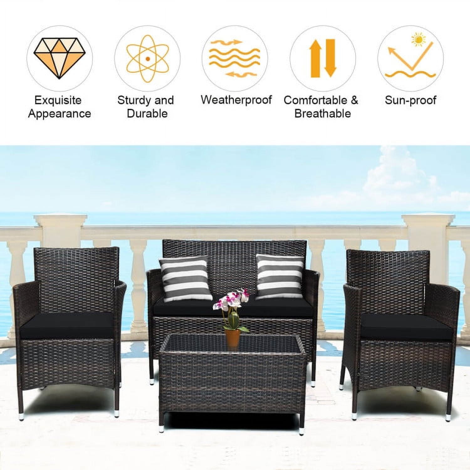 Aimee Lii 4 Pieces Patio Cushioned Wicker Conversation Set, Outdoor Sectional Set with with Glass Coffee Table, Black Aimee Lii 4 Pieces Patio Cushioned Wicker Conversation Set, Outdoor Sectional Set with with Glass Coffee Table, Black