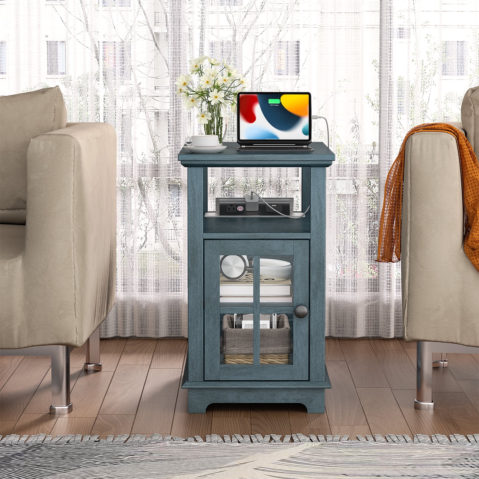 FAGAGA End Tables with Charging Station for Living Room, Wooden Nightstand for Bedroom, Blue