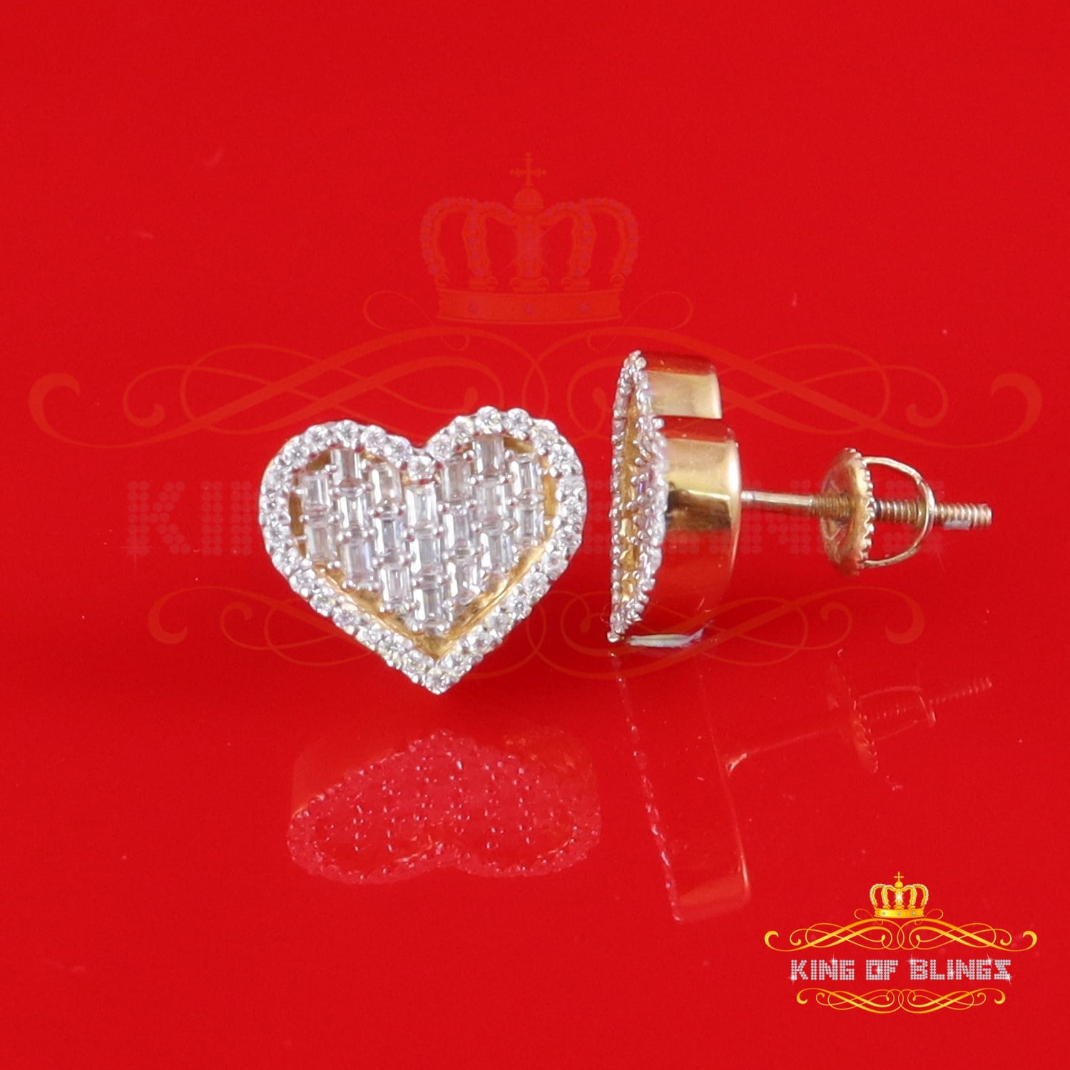 King of Bling's 925 Yellow Silver 1.00ct VVS 'D' Moissanite Heart Stud Earring Men's/Womens