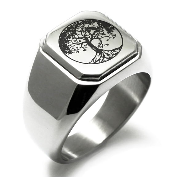 Stainless Steel Tree of Life Engraved Square Flat Top Biker Style Polished Signet Ring