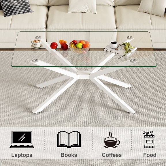 Rectangular Glass Coffee Table 39.37 Inch, Clear Tempered Glass Top with White Metal Legs for Living Room Office Center Table, Modern Minimalist Design