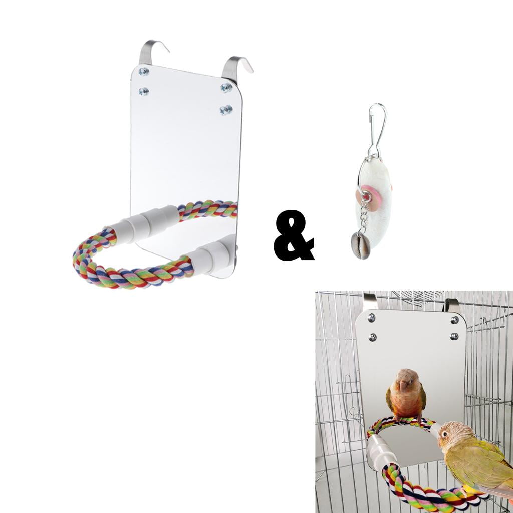 Parakeet Large Mirror Bird Mirror Rope Perch & Chewing Interactive