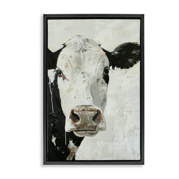 Stupell Industries Up Close Cow Animals & Insects Painting Black Floater Framed Canvas Art Print Wall Art, 17 x 25