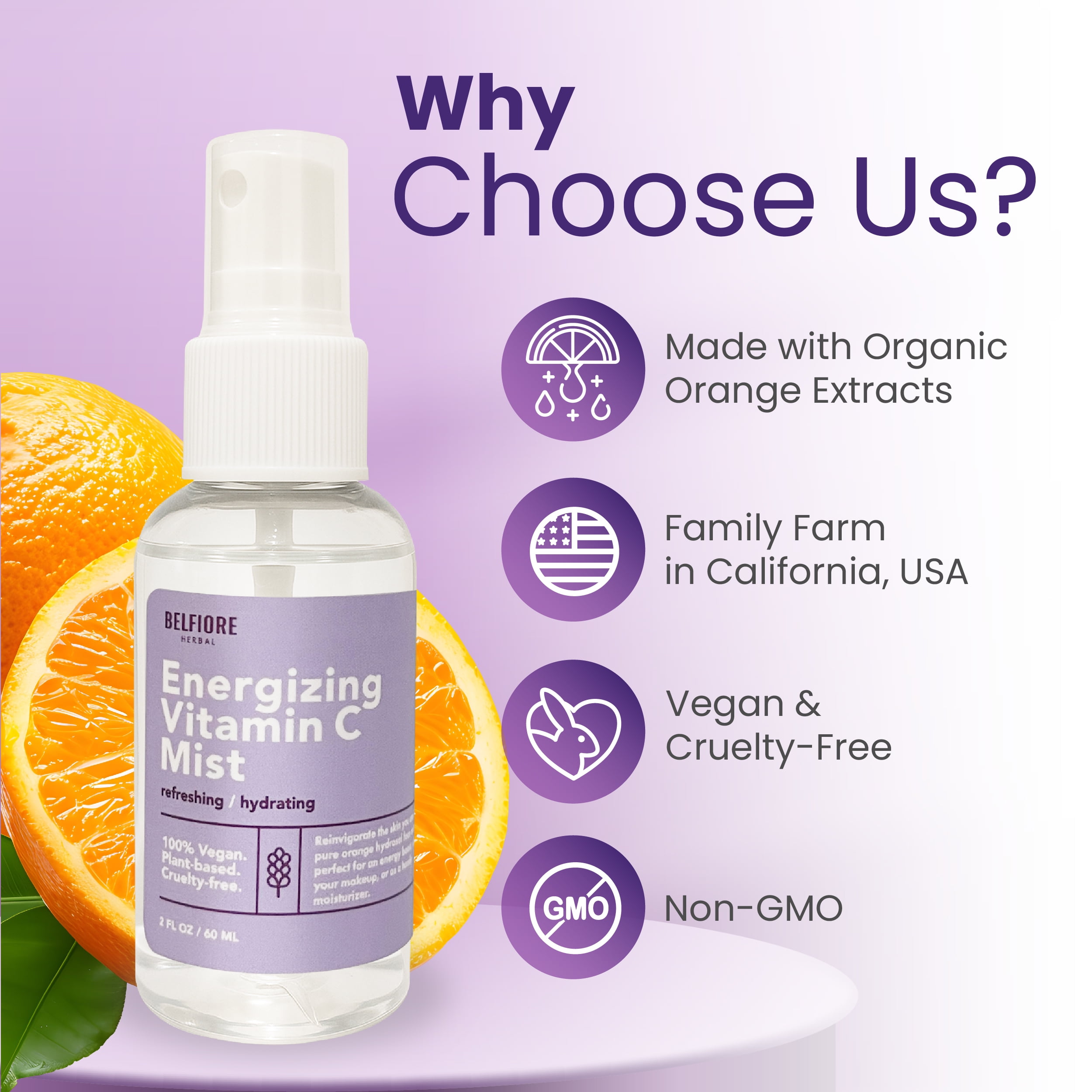 Belfiore Herbal Energizing Vitamin C Mist - Hydrating Glow Spray - 2oz, 3 Pack