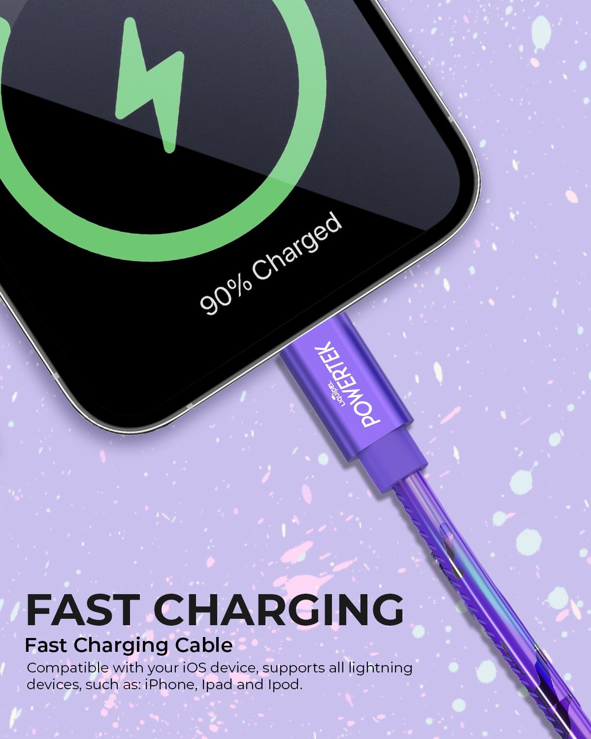 Liquipel Powertek USB C Lightning iPhone Charger Cable [MFI Certified], 6ft Fast Charging, Neon Party