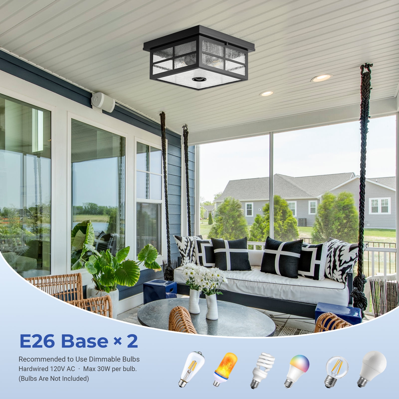 VIANIS Motion Sensor Outdoor Ceiling Light with Remote Control, 2-Light Black Modern Outdoor Flush Mount Light for Garage, Porch, Entryway, Square