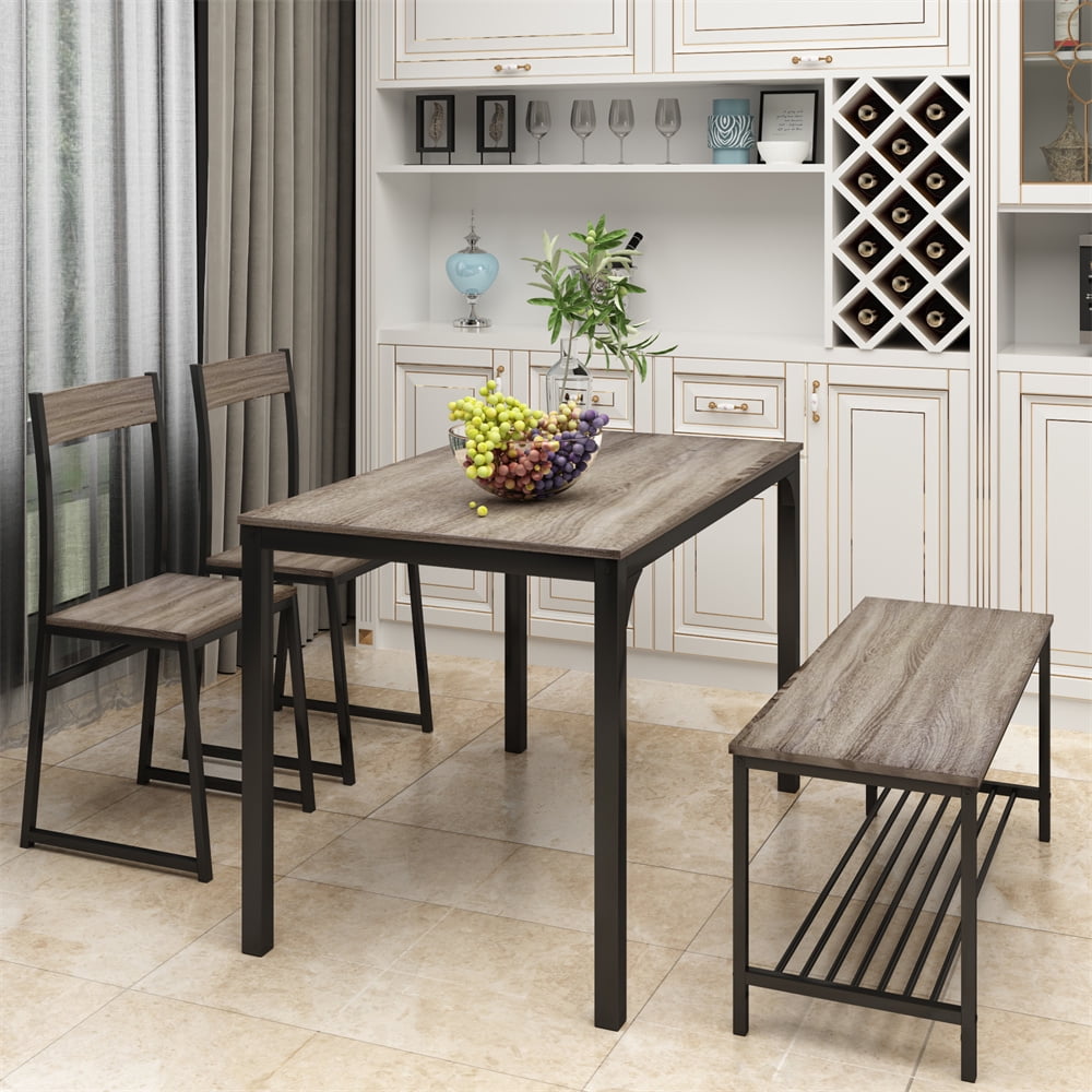 4 Pieces Dining Table Set, Wooden Kitchen Table with 2 Chairs and Bench