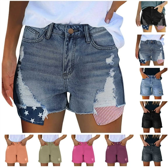 QATAINLAV 4th of July Jean Shorts for Women Star Stripe Patriotic Ripped Denim Shorts Independence Day Frayed Rolled Hem Short Jeans with Pockets Oferta Flash Para Hoy Black L
