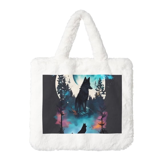 Rocae Artistic Moon Valley Wolf or Plush Underarm Bag White Furry Purse Handbag for Autumn and Winter