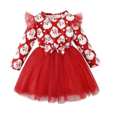 

TAIAOJING Toddler Girl Dress Child Christmas Long Sleeve Santa Prints Tulle Bow Tie Fluffy Princess Dresses 4-5 Years