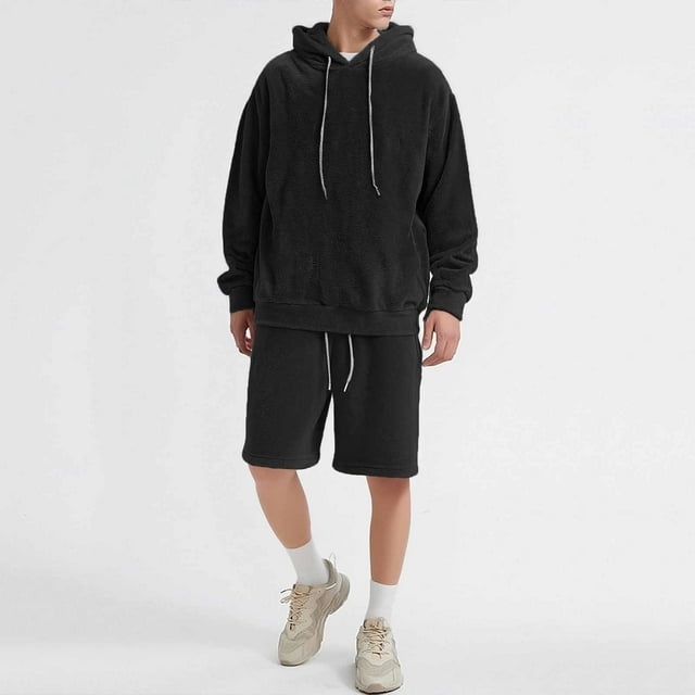 Yaoyar Men's Tracksuit 2 Piece Hooded Athletic Sweatsuit Long Sleeve Drawstring Shorts Pants Casual Sports Hoodie Shorts Set