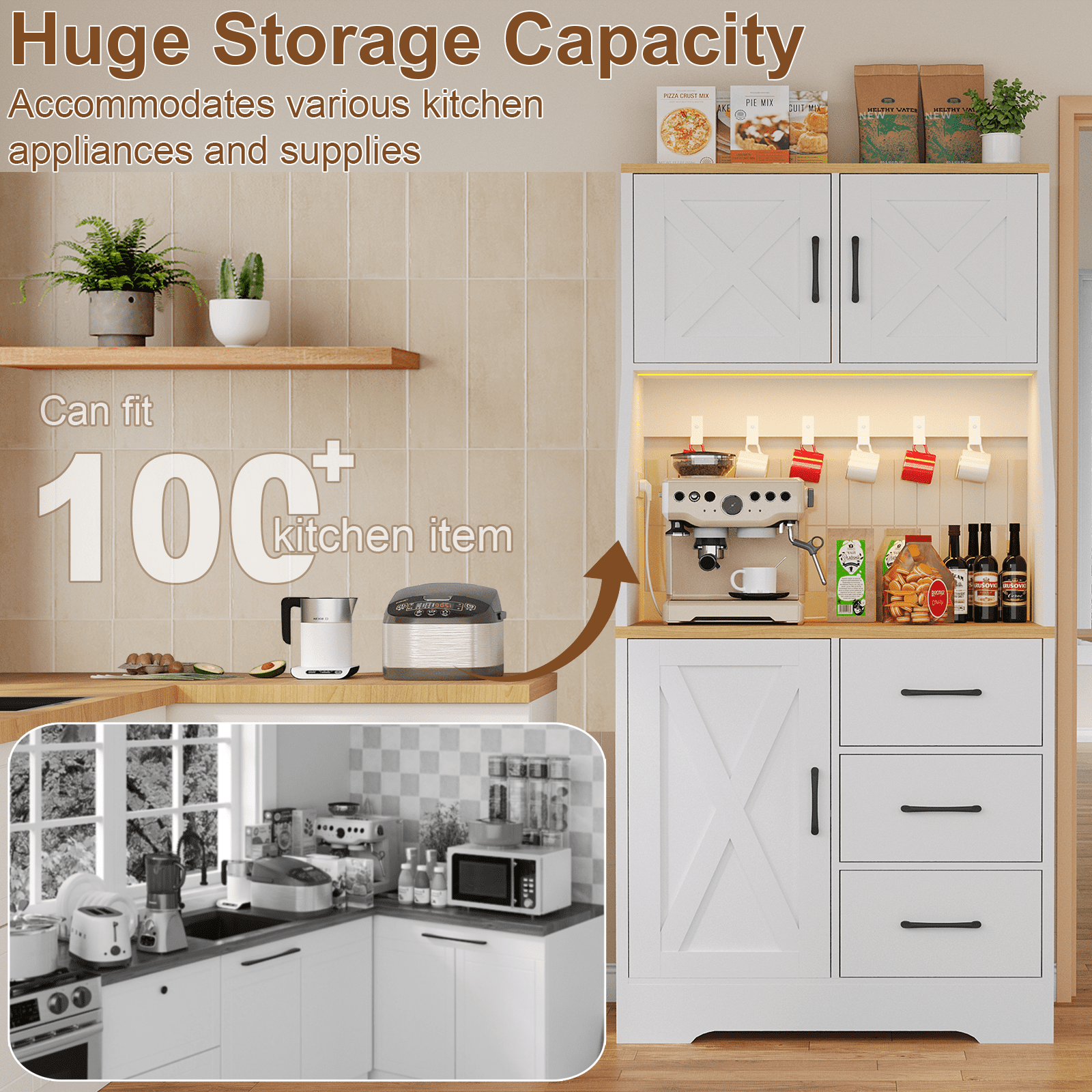 LLappuil 69" Kitchen Pantry, Kitchen Pantry Storage Cabinet with LED Light & Outlet, Kitchen Hutch with 6 Hooks, Drawer, Adjustable Shelves White