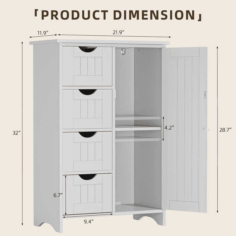Lacoo Bathroom Storage Cabinet with 4 Drawers, Side Storage Organizer with 1 Cupboard and 2 Shelves Freestanding Cabinet, White
