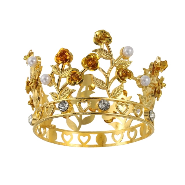 Uxcell Mini Toppers de Pastel en Forma de Corona, Tiara de Aleación de Reina Princesa con Perla y Rosa para Decoración de Pastel de Cumpleaños, Dorado/Blanco/Dorado