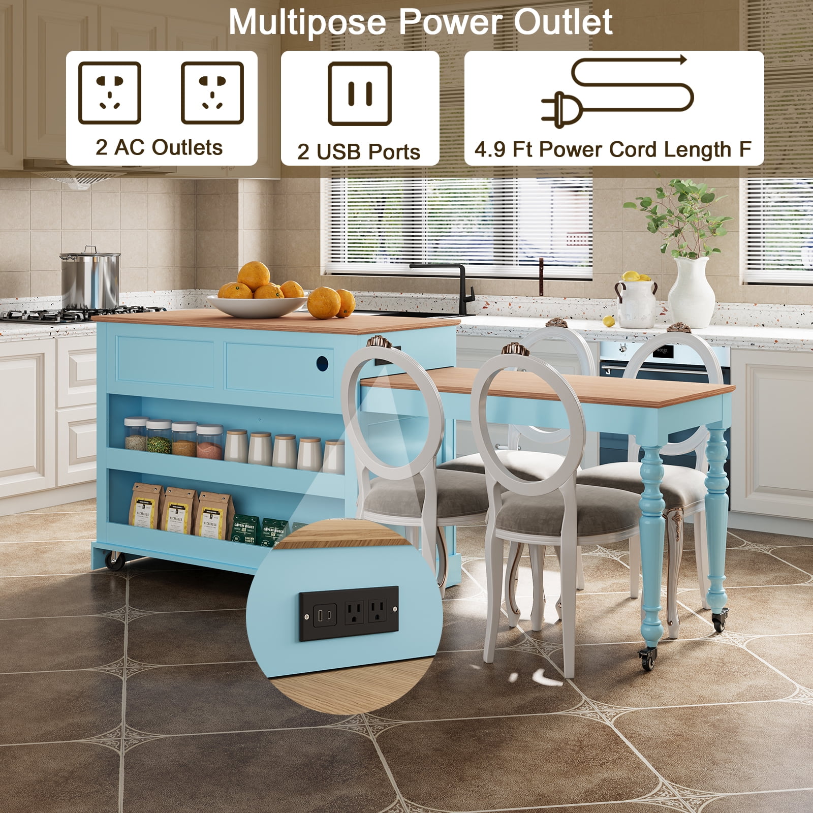 CBJCBJ Modern Extendable Kitchen Islands on Wheels with Power Outlet, Dining Table Cart with 4 Doors Storage, Blue