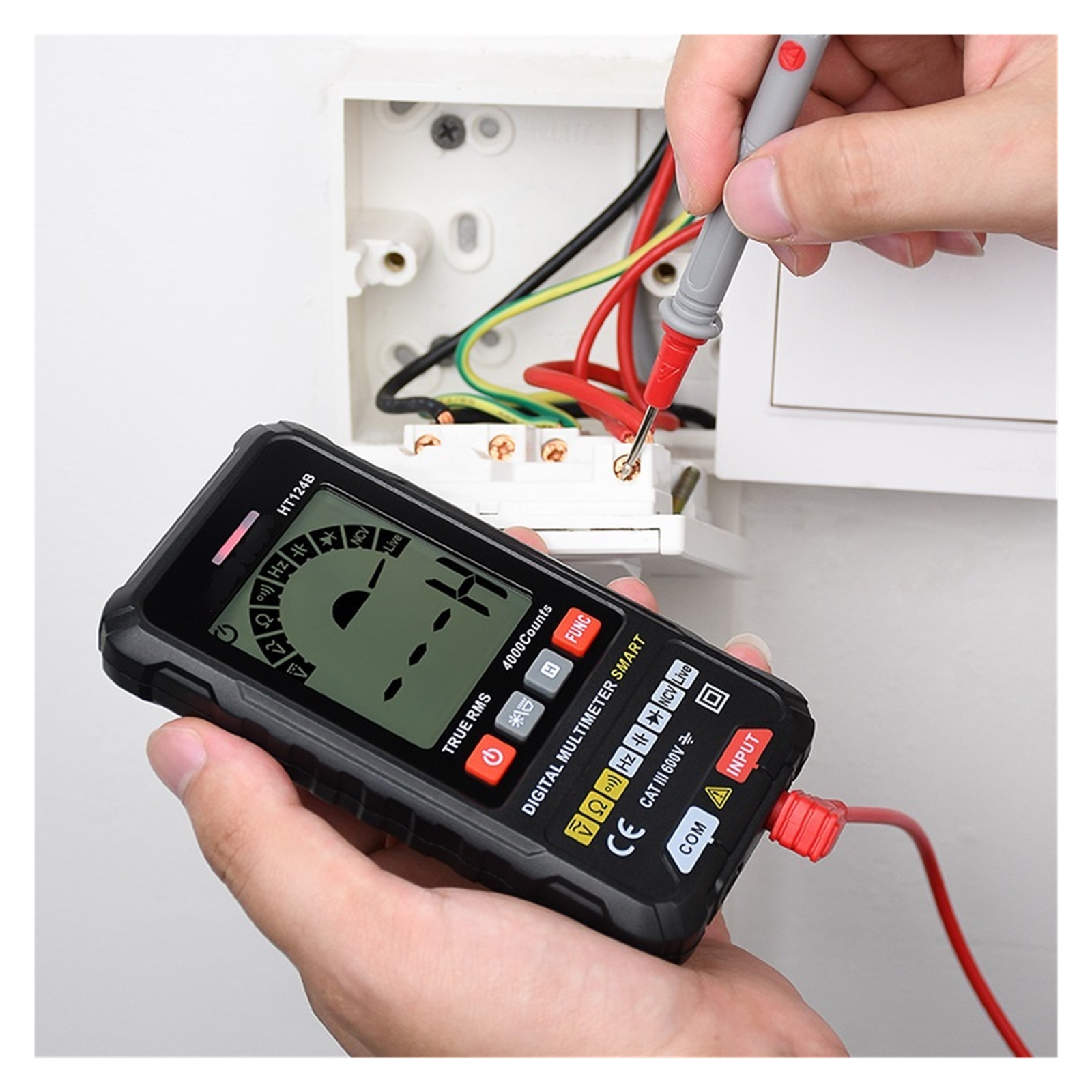 HT124B Smart Digital Multimeter, Auto-Ranging Volt Meter, TRMS 4000 Counts Voltage Tester Measures Voltage, Capacitance, NCV, Frequency, Ohm, Continuity, Diode, Live Wire for Automotive, DIY