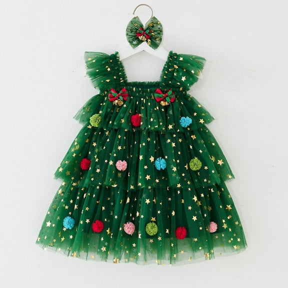 NAISIBABY Girls Christmas Dress (0-8T), Glitter Mesh Ruffles Sleeve Layered Tulle Party Princess Tutu Dress Green 8T