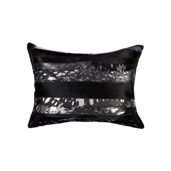 HomeRoots 544629 12 x 20 in. Black & Silver Striped Cowhide Lumbar Throw Pillows with Glitter - Set of 2