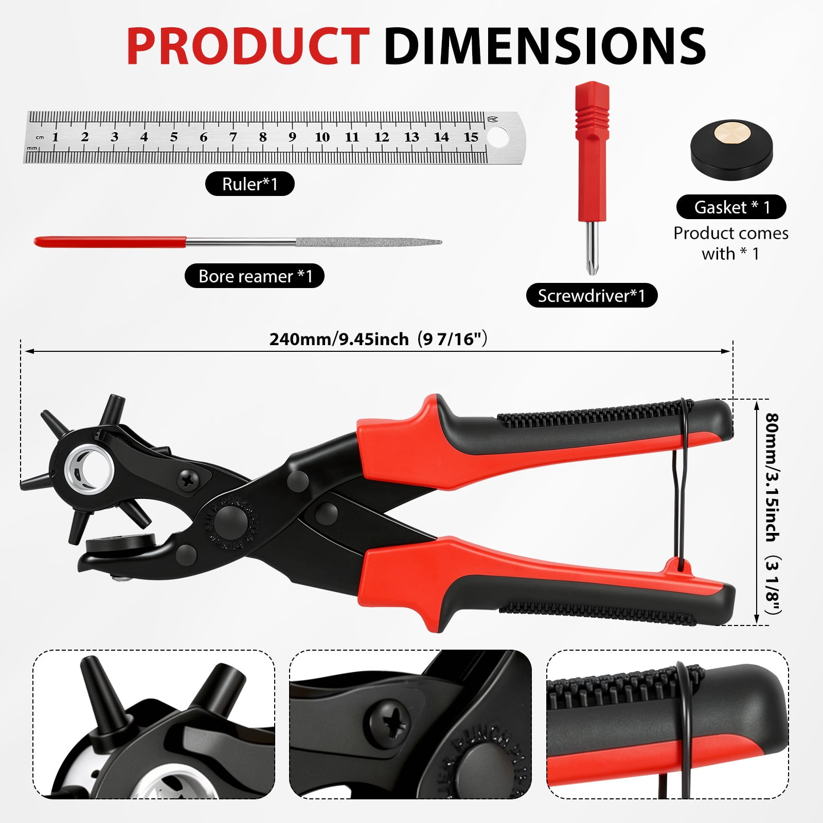 Leather Hole Punch Set Punch Pliers with PVC Handle and Effort Saving Design Ideal for Belt Plastic Rubber Canvas DIY Leather Work,Red
