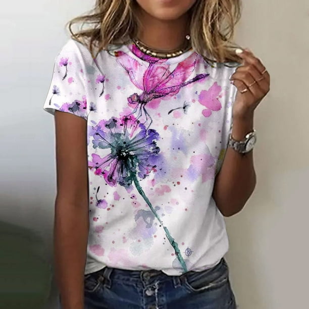 ICHUANYI Clearance Women's Casual Sexy Fashion Summer Round-Neck T-Shirt Printed Short Sleeve Tops Blouse(Hot Pink, S) ICHUANYI WER2023080913567
