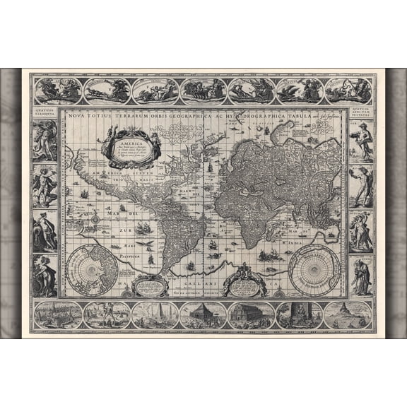 24"x36" Gallery Poster, Nova totius hydrographica tabula world map 1606