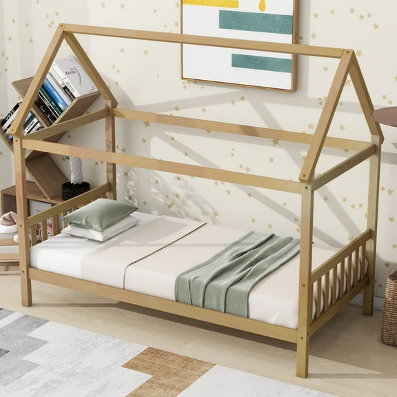 Bellemave Twin Size House Bed, Wood Montessori Bed with Headboard and Footboard, Spacious Under Twin Bed Space,No Box Spring Needed (Natural)