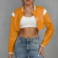 thumbnail image 3 of HTNBO Women's Bomber Jackets Leather Button Casual Cropped Baseball Jacket Fashion Motorcycle Jacket Short Varsity Outwear, 3 of 7
