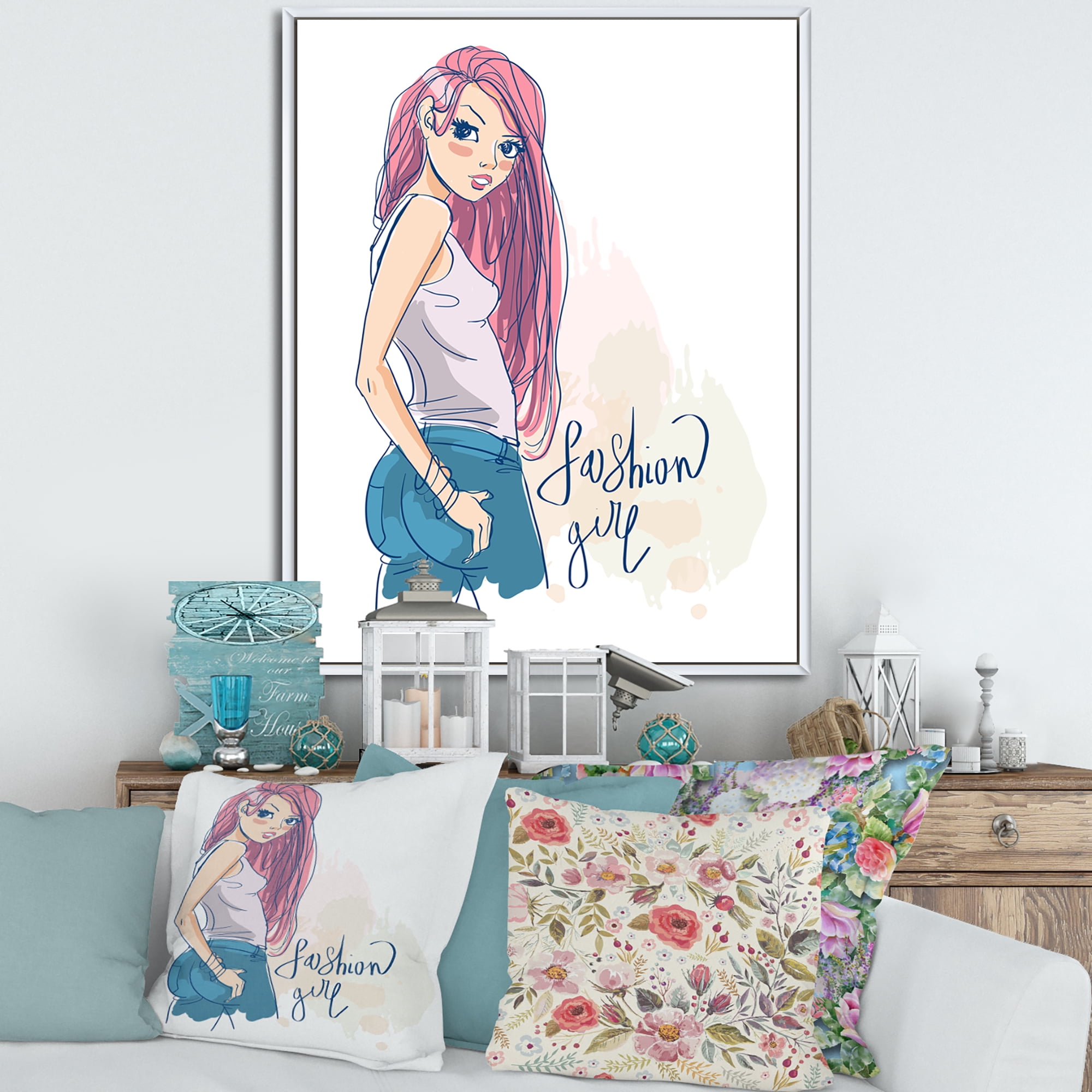 Designart 'Trendy Fashion Woman I' Children's Art Framed Canvas Wall Art Print