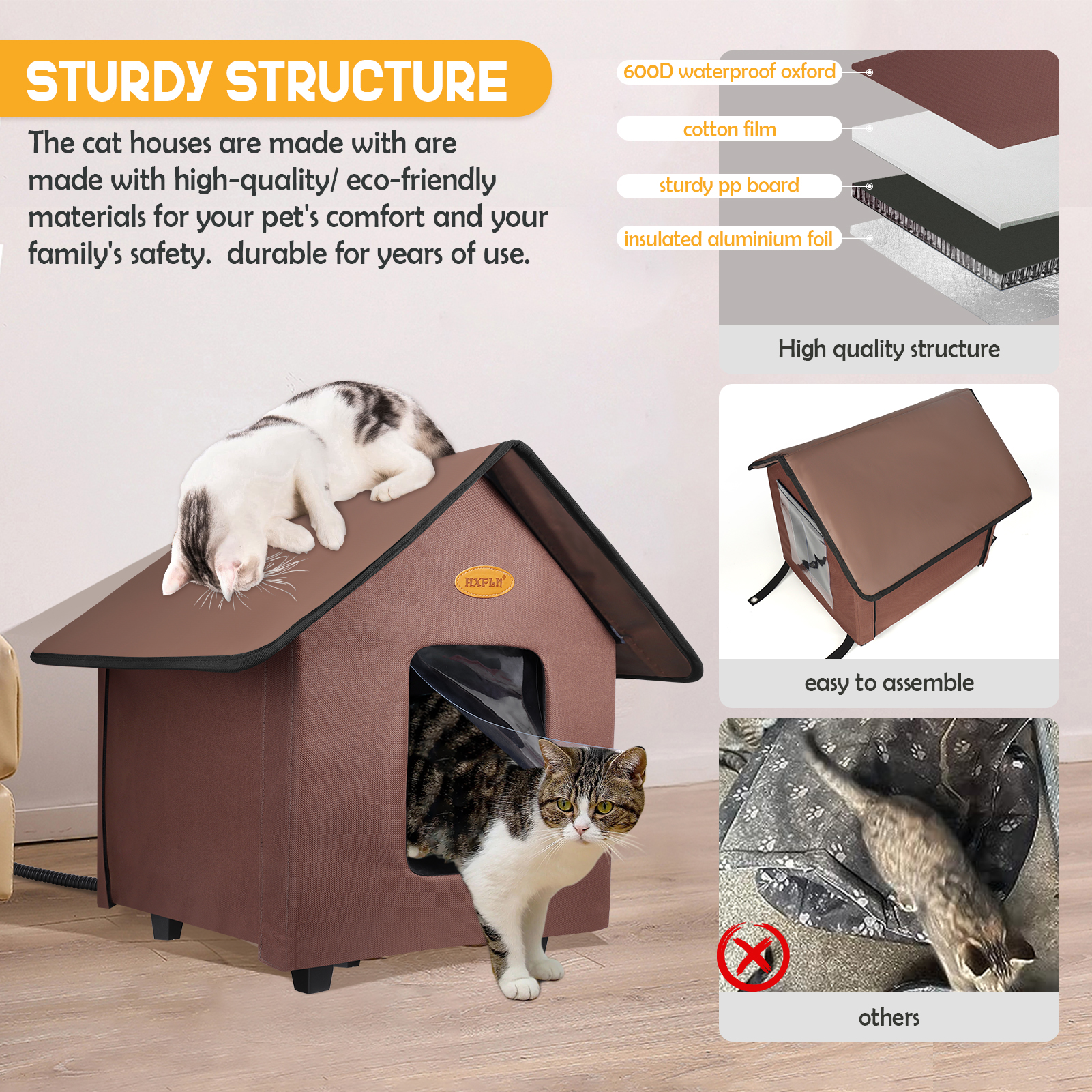 Heated Cat Houses for Outdoor Cats - Elevated Weatherproof Insulated Heated Outdoor Cat House for Winter - Feral Cat Shelter for Outside Cats - Outdoor Heated Cat House (Brown)