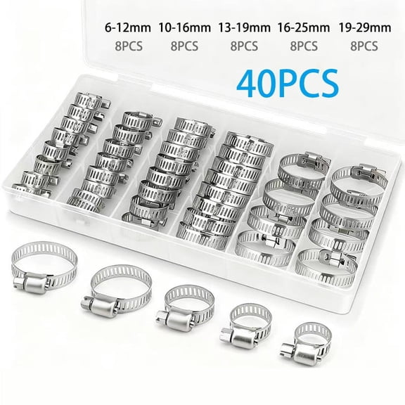 40PCS Hose Clamp Set - 1/4''–1-1/8'' 304 Stainless Steel Worm Gear Hose Clamps for Pipe, Intercooler, Plumbing, Tube and Fuel Line