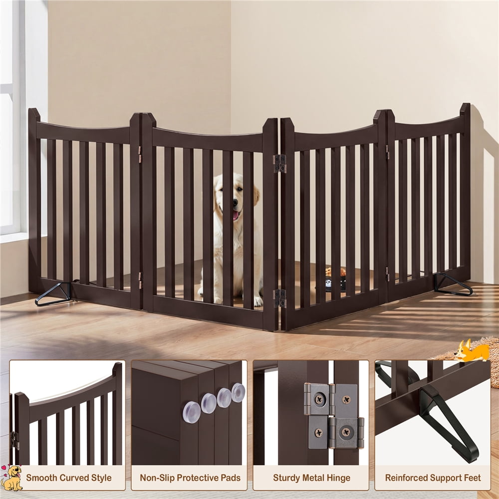 Yaheetech 24" Four-Panel Freestanding Foldable Wooden Pet Gate with Support Feet, Espresso