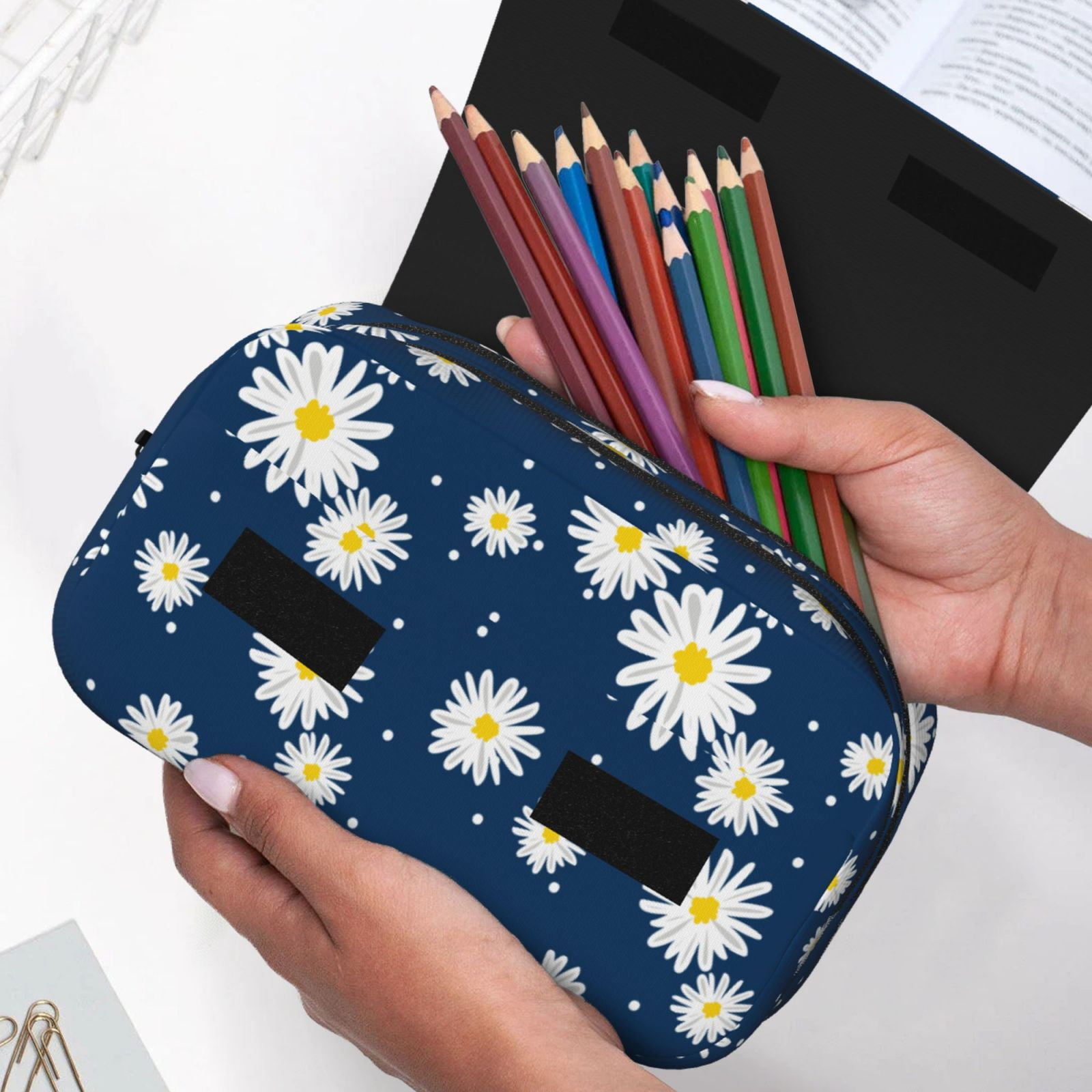 Rateoe Daisies Flowers Pattern Double Clamshell Pen Case, Storage Organizer with Two Zipper Compartments– Holds Up to 50 Pencils & Pens