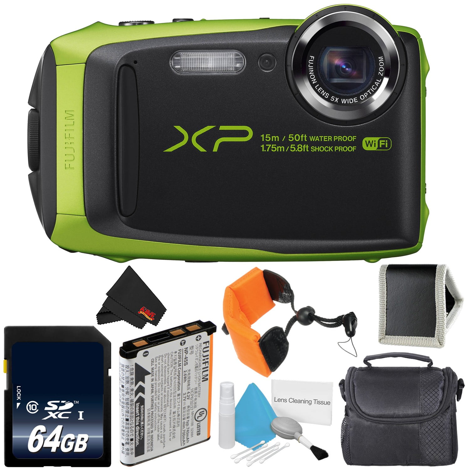 Fujifilm FinePix XP90 Lime Green Waterproof Digital Camera Bundle with