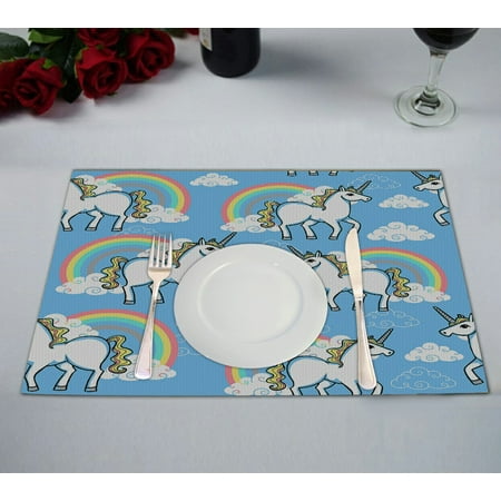 

ABPHQTO Cartoon Doodle Unicorn Rainbow Clouds Table Placemat Food Mat 12x18 Inch Pack of 2