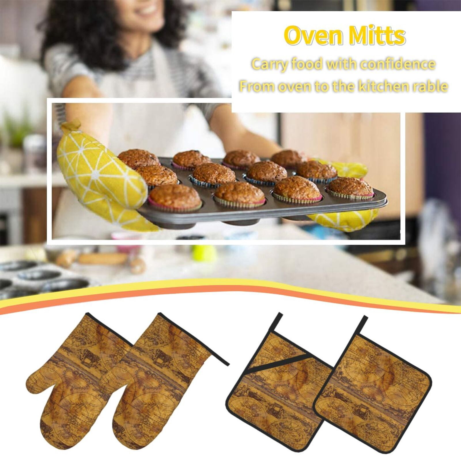 Naloa Vintage Map Oven Mitts and Pot Holders 4 pcs Set, Cooking Baking Grilling Kitchen Oven Glove for Cooking