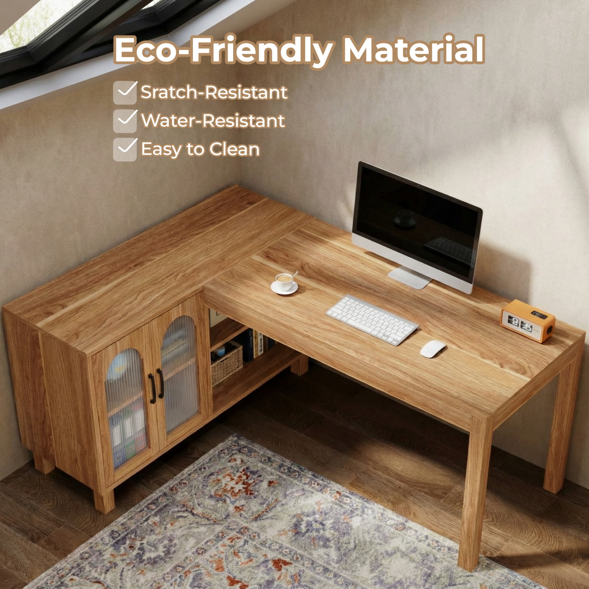 Fnova 59" Farmhouse L Shaped Desk with Storage, Computer Office Desk Writing Table Workstation, Spacious Executive Desk with 4 Storage Shelves, Brown
