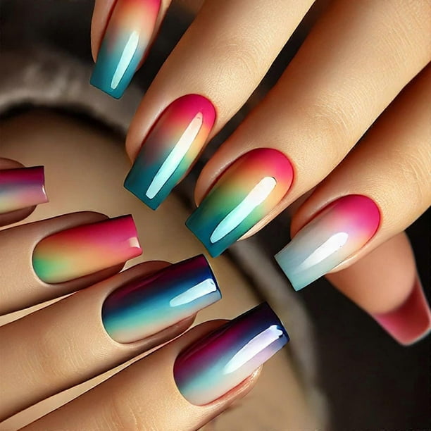 Press on Nail French Tips Nail Square Nail Tips Fake Nail False Nail with Gradient Designs Full Cover Acrylic Nail