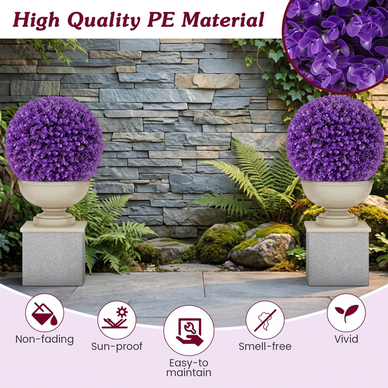 ALPULON 17.5 Inch Artificial Purple Boxwood Topiary Balls 2 Pack, 7-Layer Decorative Plant Spheres for Indoor Outdoor Garden Doorway Lawn, Purple