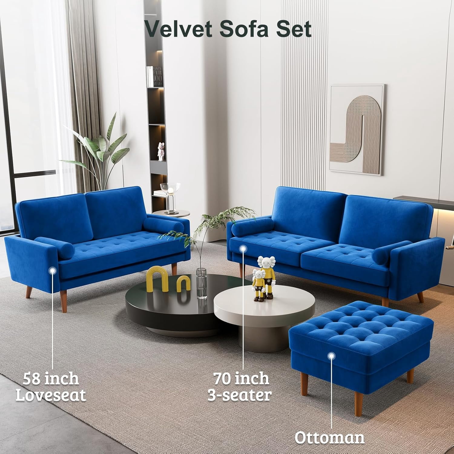 Neche 59" Velvet Spring Sofa Couch for Living Room, Office, Small Space, Solid Wood Leg, One Box,Blue
