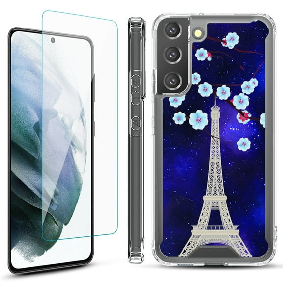 Shockproof Bumper Phone Case for Samsung Galaxy S22  / S22 Plus 5G, with Tempered Glass Screen Protector, by OneToughShield ® - Eiffel Tower Stars