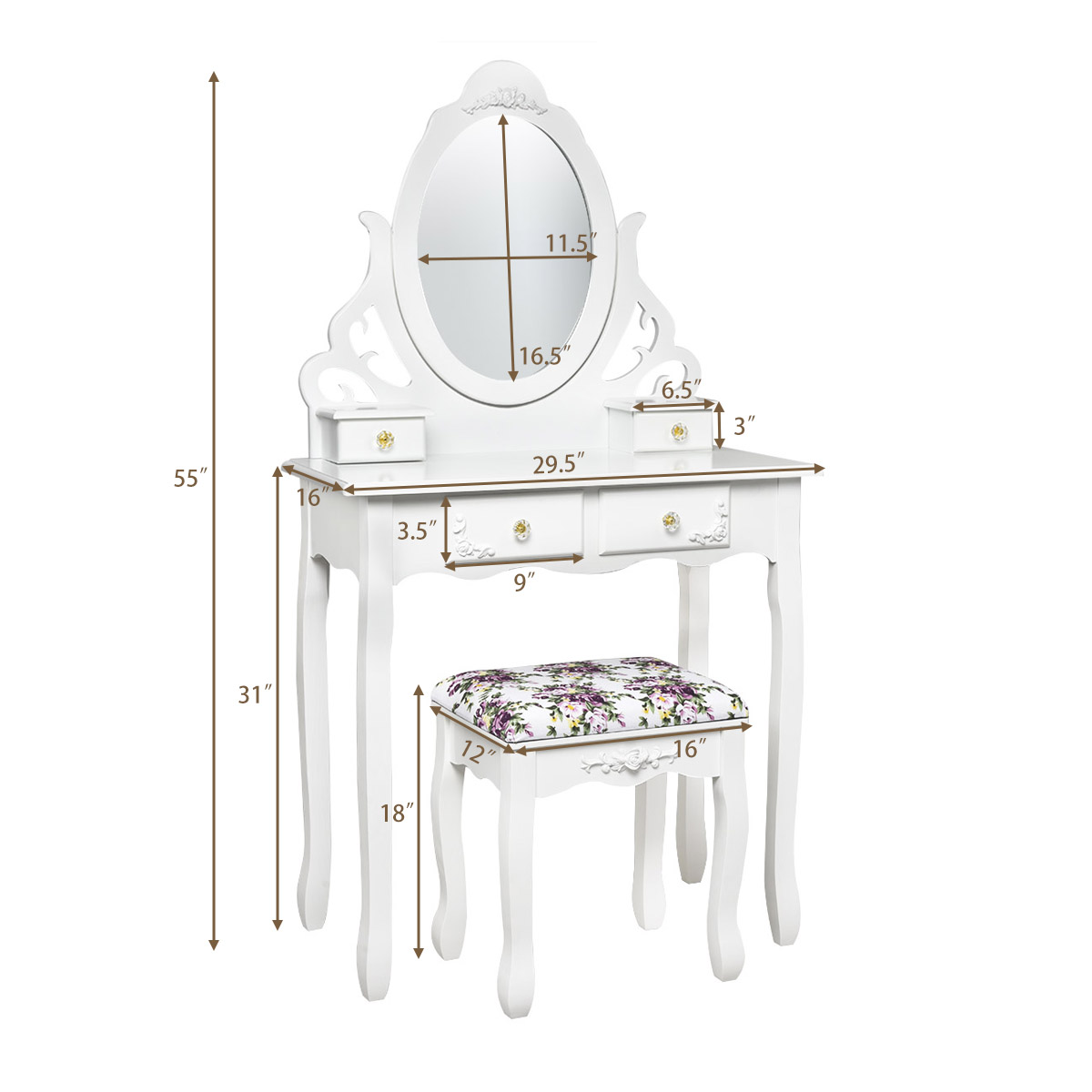 Vanity Makeup Table Dressing Desk Set With Stool 4 Drawers And Mirror Black Chic