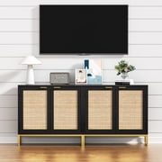 Eumyviv Modern Accent Sideboards Cabinets with 2 Rattan Doors, Mid-Century Buffets Storage Credenzas for Bedroom Living Room, Black H0046