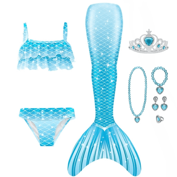 9PCS Girls Mermaid Bathing Suit & Fish Tail Cute Ruffle Tankini Swimsuits for 3-12Y Kids Beach Swimwear with Accessories