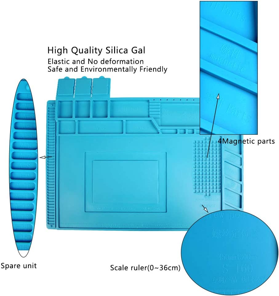 ABPETE S-160 Silicone Repair Mat Electronics Repair Mat Magnetic Repair Mat Silicone Soldering Mat Insulation Silicone Welding Pad for BGA and Gun Soldering Iron, Workbench, Cell Phone Laptop Repair