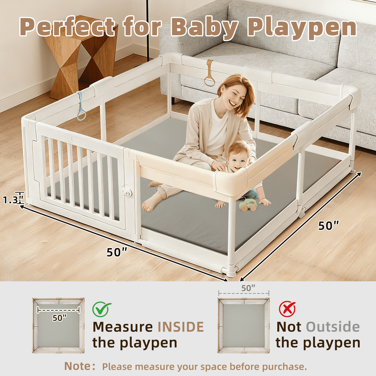 Teler Leather Baby Play Mat, 1.3" Thick Leather Crawling Mat, Cushioned & Waterproof Soft Playmat for Toddlers, Infants, 50" x 50", Gray