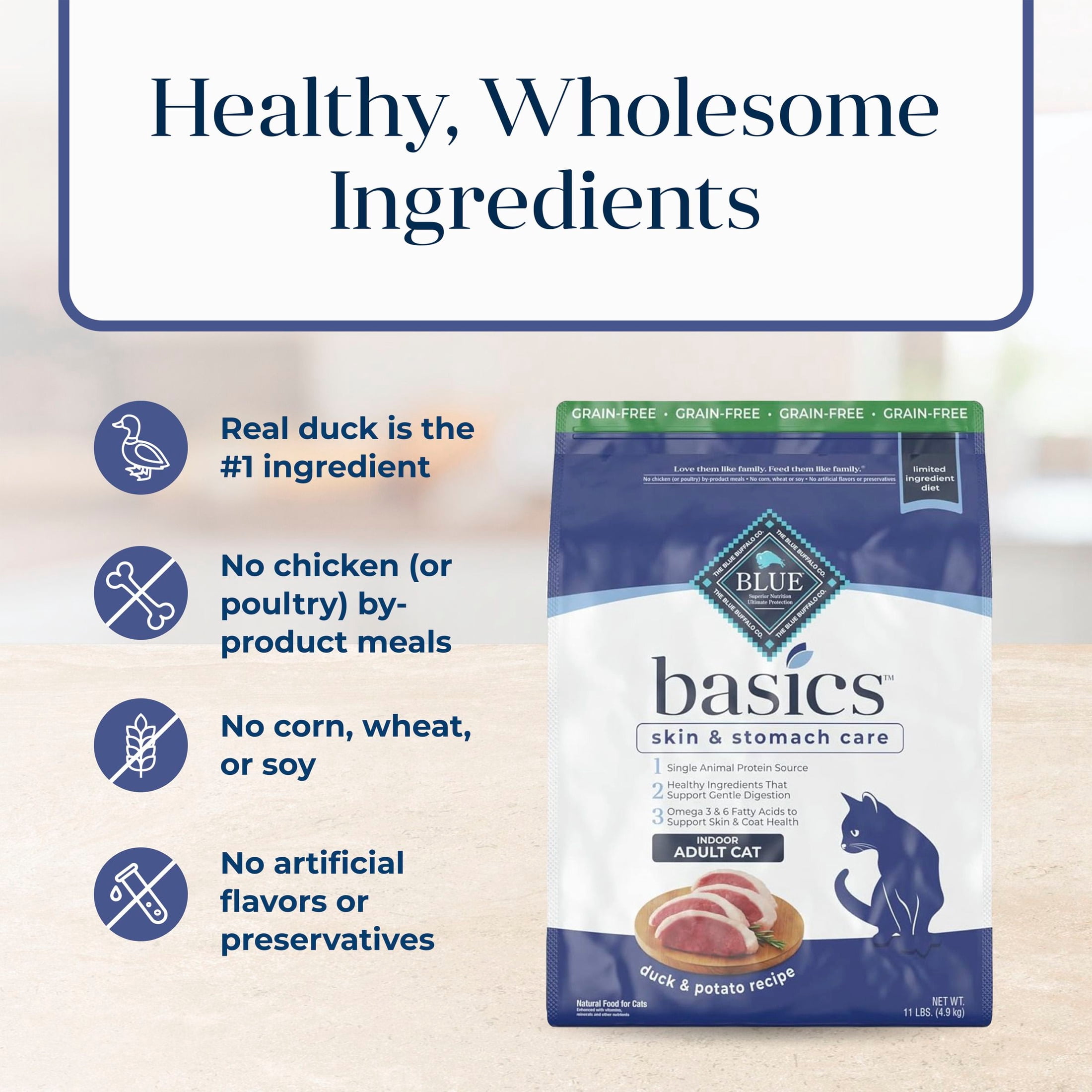 Blue Buffalo Basics Dry Cat Food Skin & Stomach, Duck & Potato, Chicken Free, 11lb Bag